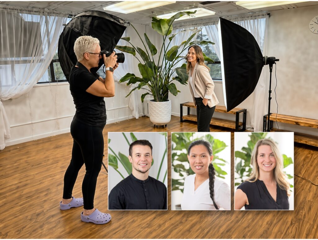 Molly photographs a business professional during an on-site headshot session, with three finished employee headshots shown in an inset.