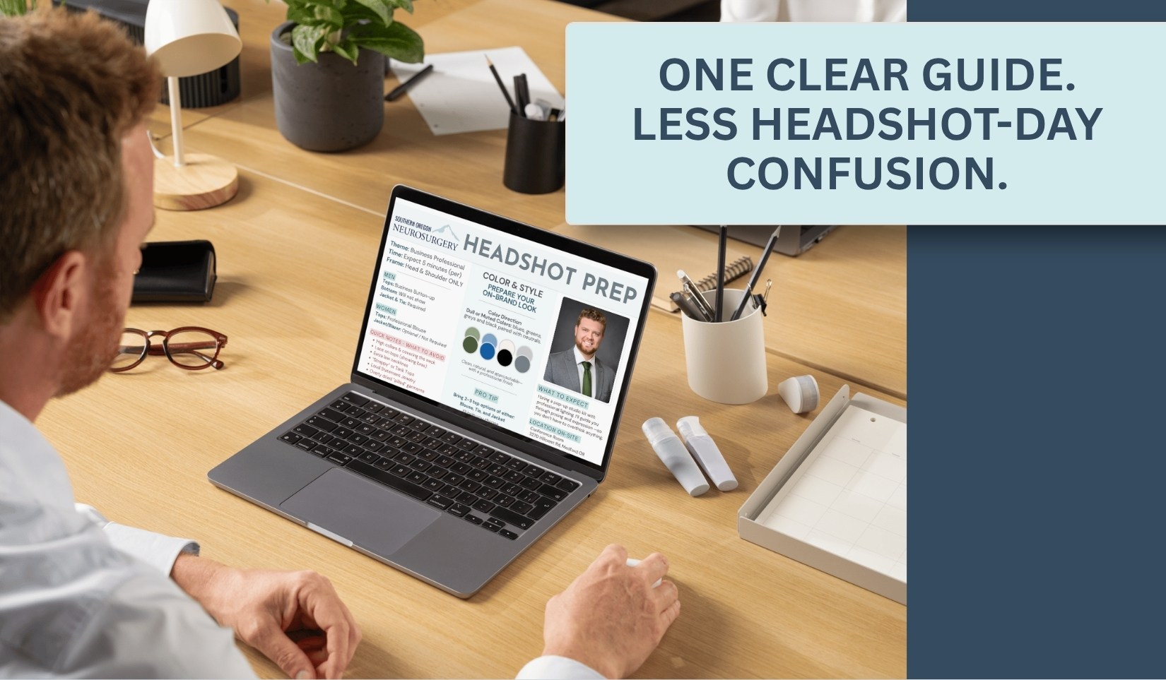 Employee reviewing a company Headshot Prep Handout on a laptop, with a message that reads One clear guide. Less headshot-day confusion.